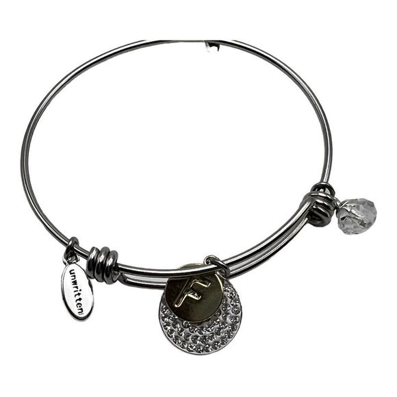 Unwritten Pave and Disc Bangle Bracelet "F" Fearless Stainless Steel New - Picture 1 of 4
